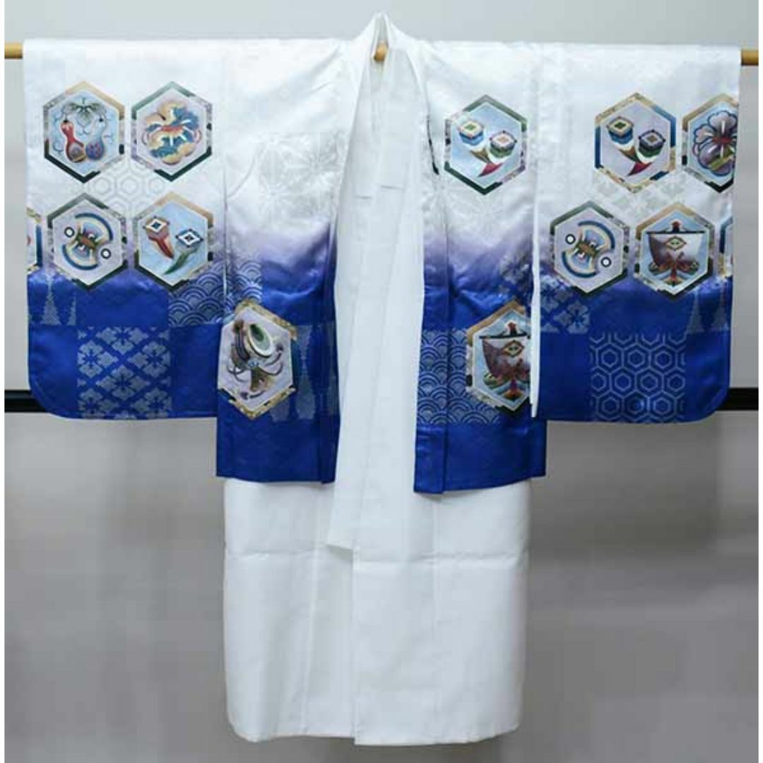 七五三 五歳 男児 羽織・着物・襦袢3点セット L寸 金刺繍 ぽく 白地 七五三 五歳 男児 羽織・着物・襦袢3点セット L寸 金刺繍 ぽく 白地
