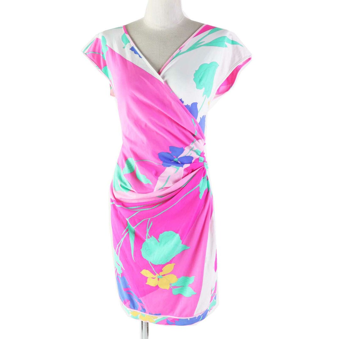 極美品◎LEONARD FUCHSIA レオナール フューシャ 0470922 花柄プリント フレンチスリーブ カシュクール ワンピース ピンク系 36 イタリア製 正規品 レディース
