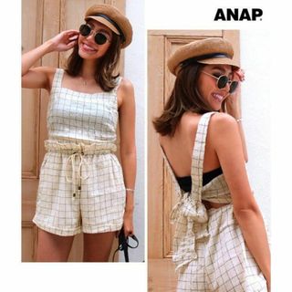 チェック柄　コットン　トップス ANAP　セットアップ　夏　海　上下セット　白(キャミソール)