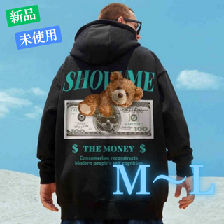 ＄ くま メンズ パーカー バックプリント オーバーサイズ 黒(パーカー)