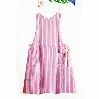 【新品】ダブルストライプ フェミニンスタイル エプロン キッチン インド綿(収納/キッチン雑貨)