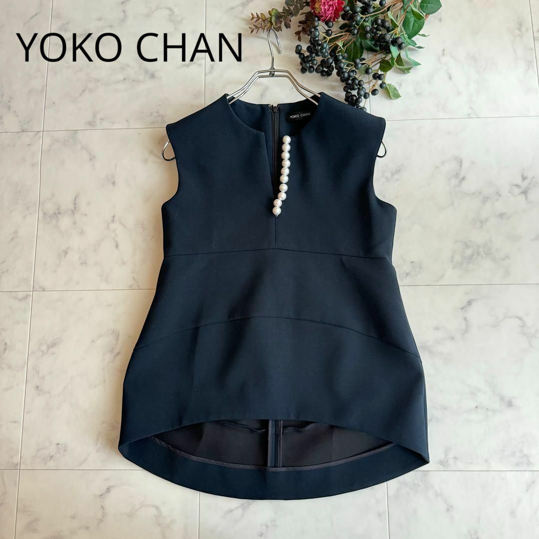 美品 YOKO CHAN ヨーコ チャン パール スリット ブラウス ネイビー 美品 YOKO CHAN ヨーコ チャン パール スリット ブラウス ネイビー