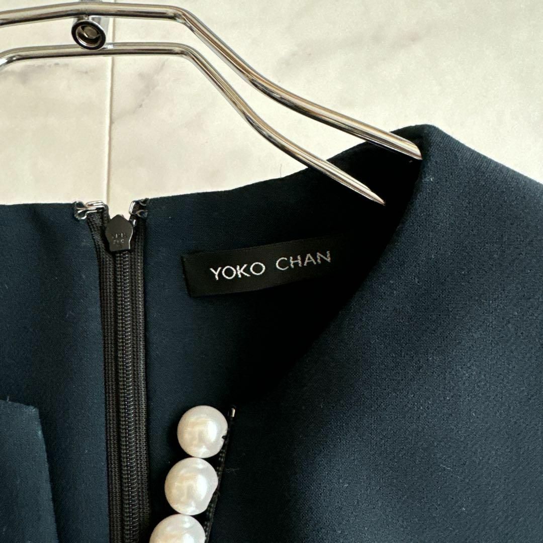 美品 YOKO CHAN ヨーコ チャン パール スリット ブラウス ネイビー