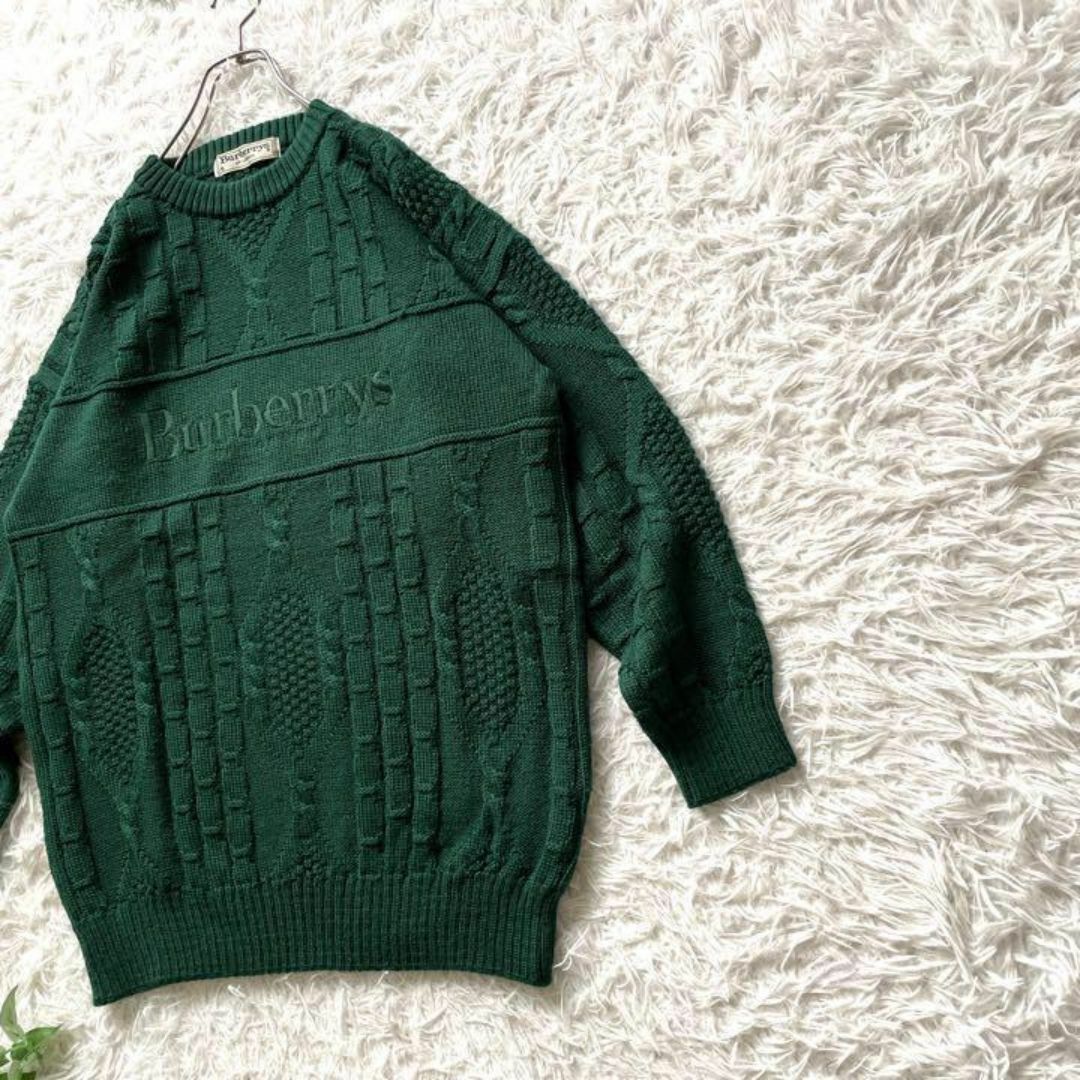 英国製 希少 Burberrys バーバリーズ 刺繍ロゴ ニット ケーブル 深緑