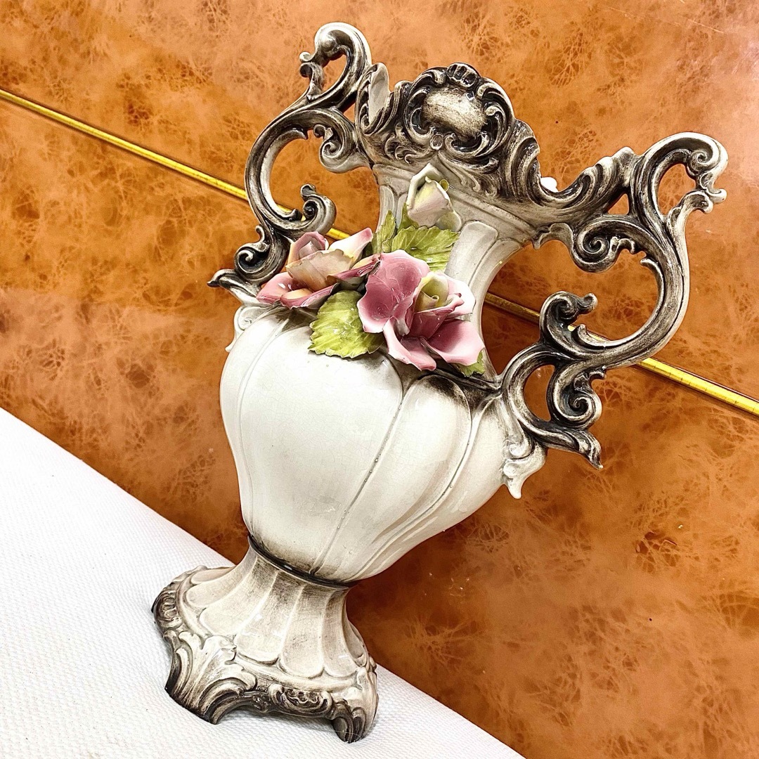 イタリア製 カポディモンテ 陶花 ロココ調 鏡 花瓶 置物 イタリア製 カポディモンテ 陶花 ロココ調 鏡 花瓶 置物