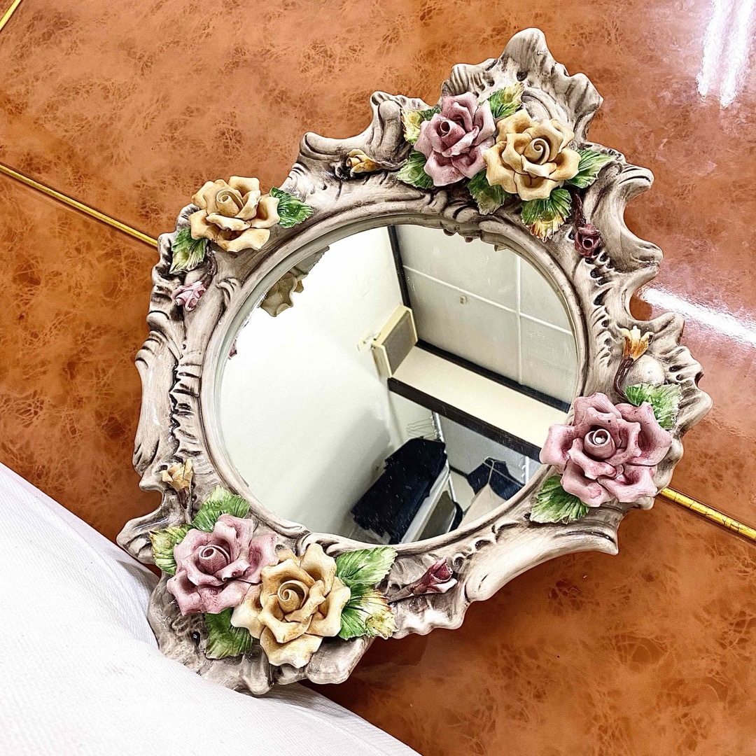 イタリア製 カポディモンテ 陶花 ロココ調 鏡 花瓶 置物 イタリア製 カポディモンテ 陶花 ロココ調 鏡 花瓶 置物
