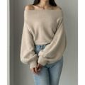 【ピンクベージュ】【L】Louere オフショルシャギーニット
