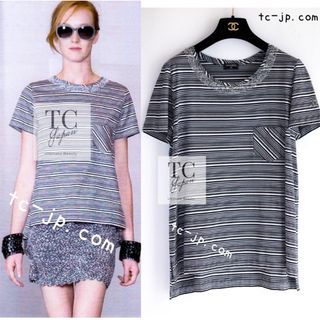 シャネル(CHANEL)のシャネル Tシャツ CHANEL グレー ブラック ホワイト ココマーク 半袖 ボーダー コットン ストーン装飾 超美品 40(Tシャツ(半袖/袖なし))