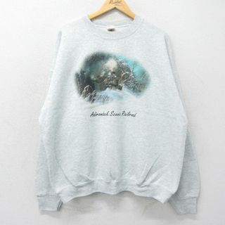 フルーツオブザルーム(FRUIT OF THE LOOM)のXL★古着 フルーツオブザルーム 長袖 スウェット メンズ 90年代 90s 汽車 大きいサイズ クルーネック USA製 薄グレー 霜降り 24sep10 中古 スエット トレーナー トップス(パーカー)