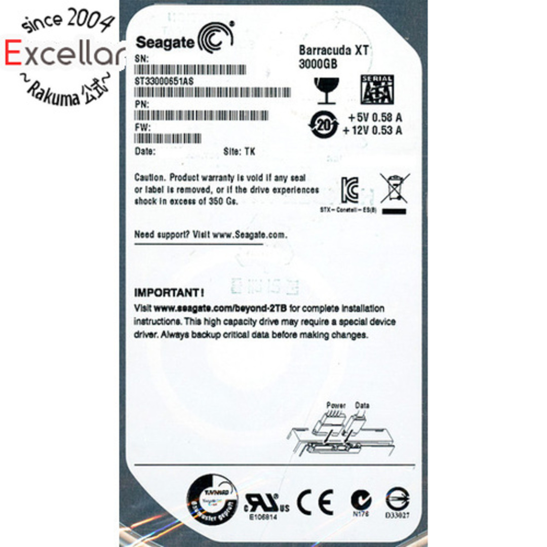 SEAGATE(シーゲイト)のSEAGATE製HDD ST33000651AS 3TB SATA600 7200 500~1000時間以内 スマホ/家電/カメラのPC/タブレット(PC周辺機器)の商品写真