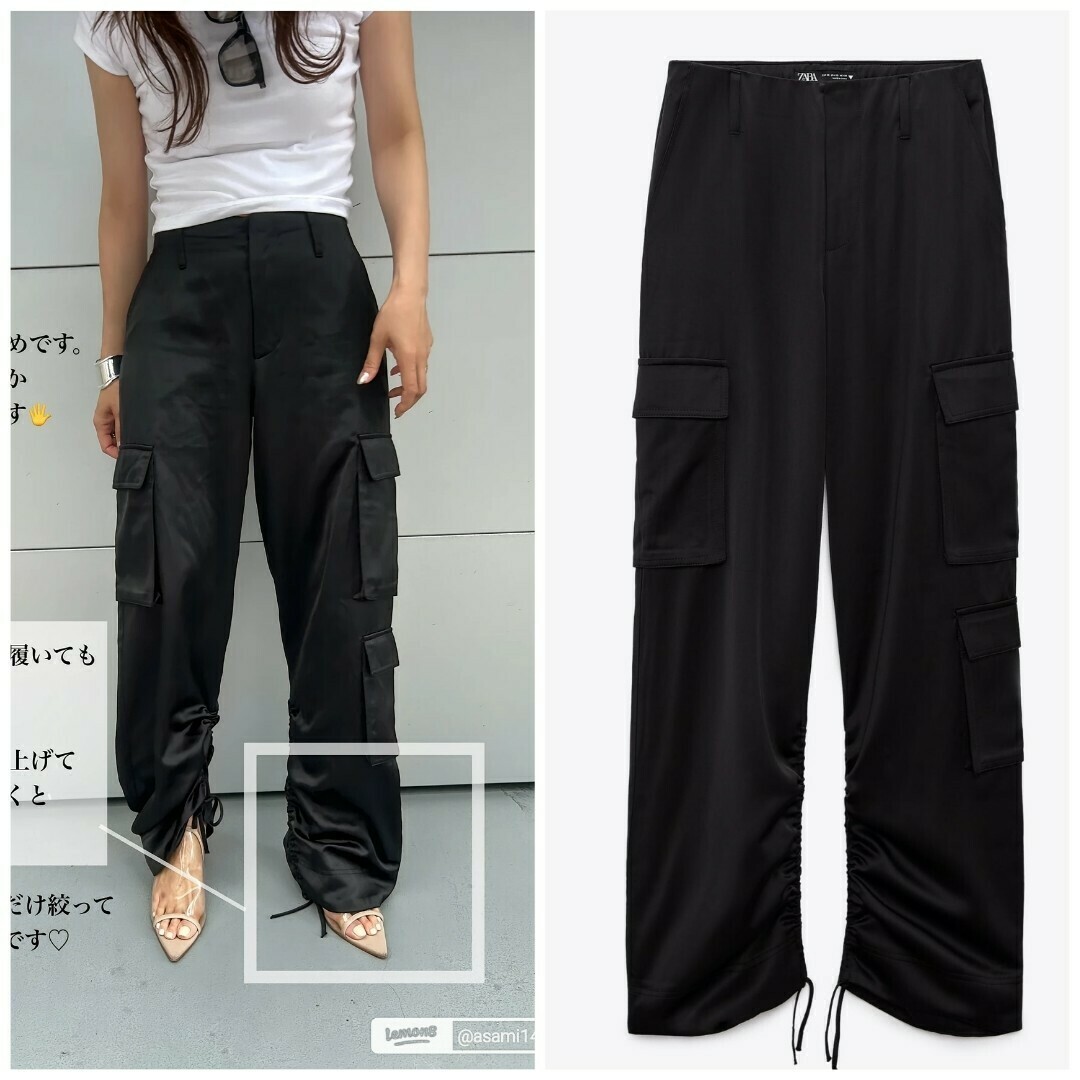 ZARA - ZARA サテン カーゴパンツ Mサイズ ブラックの通販 by ZARA - ZARA サテン カーゴパンツ Mサイズ ブラックの通販 by