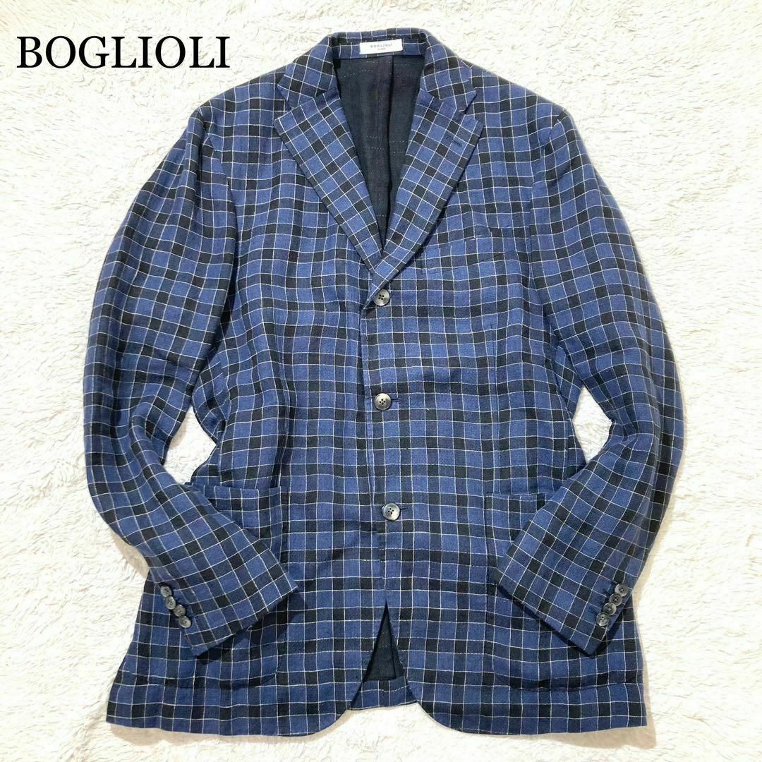 現行☆極美品】BOGLIOLI ジャケット チェック 総柄 青 リネン 48 現行☆極美品】BOGLIOLI ジャケット チェック 総柄 青 リネン 48