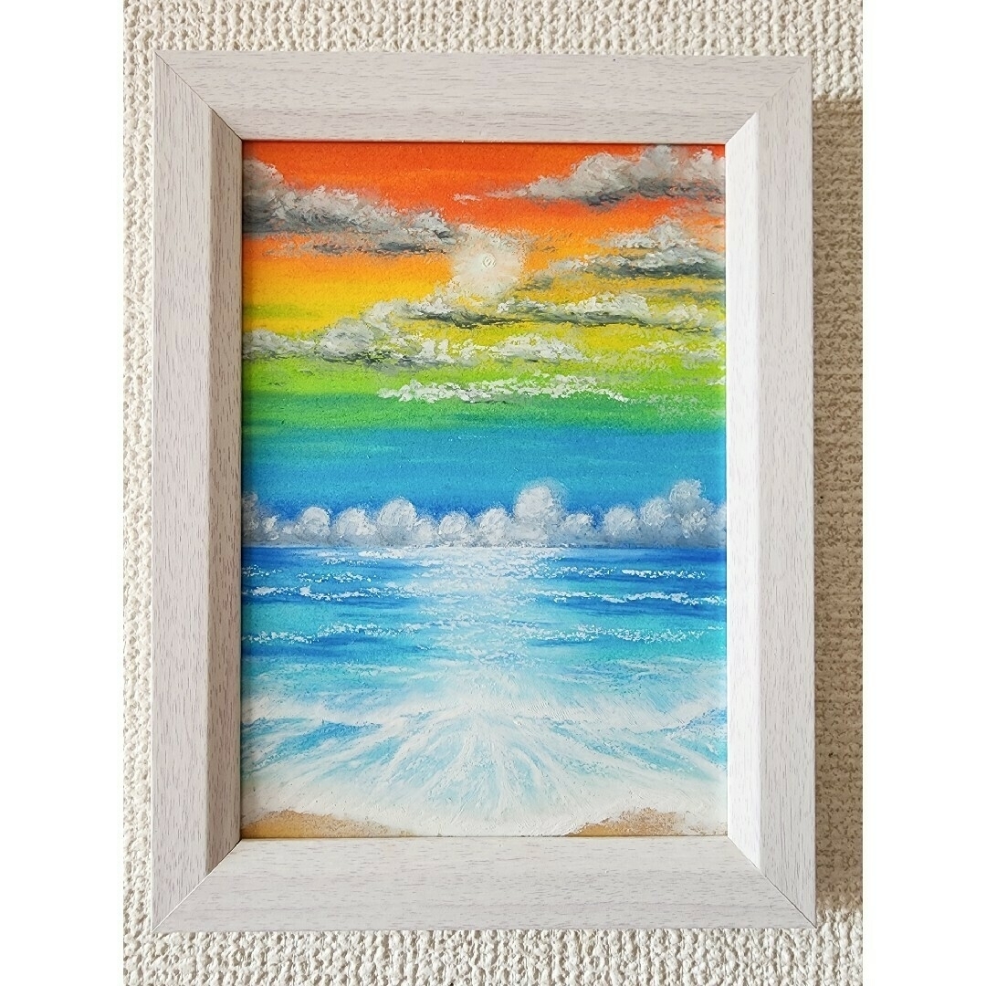 世界で1枚 暖かい オイルパステル 海の絵 風景画 世界で1枚 暖かい オイルパステル 海の絵 風景画
