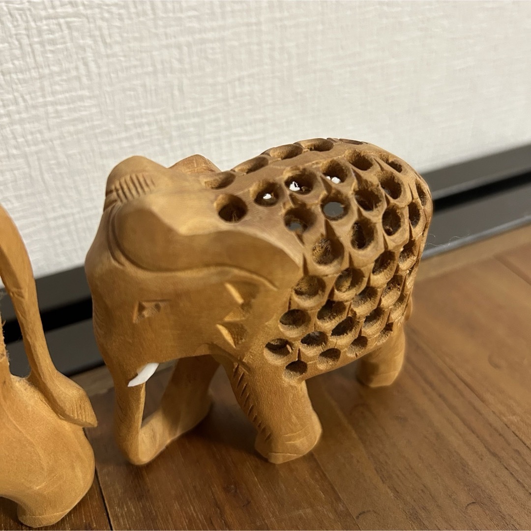 Y254:【インドで購入】透かし彫り 木象 象 3体セット成功の象徴 Y254:【インドで購入】透かし彫り 木象 象 3体セット成功の象徴