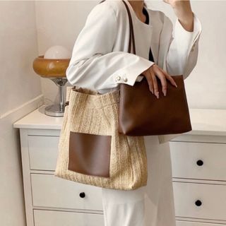 ［ ポーチ付き ］カゴバック ブラウン レザー ショルダー トート バック 韓国(かごバッグ/ストローバッグ)