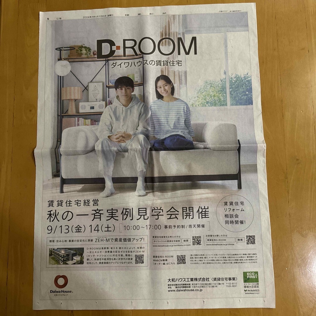 読売新聞 全面広告 ダイワハウス D-ROOM 真栄田郷敦 南沙良 エンタメ/ホビーのコレクション(印刷物)の商品写真