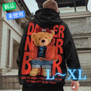 Bigbear メンズ パーカー くま バックプリント オーバーサイズ 黒(パーカー)