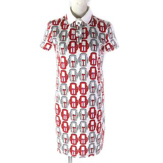 エルメス(HERMES)の極美品△HERMES エルメス BOUCLERIE MODERNE JERSEY モダンなバックル コットン100％ セリエボタン 半袖 ポロ ワンピース ホワイト レッド グレー ネイビー 34 フランス製 正規品 レディース 大人気 オススメ◎(ひざ丈ワンピース)