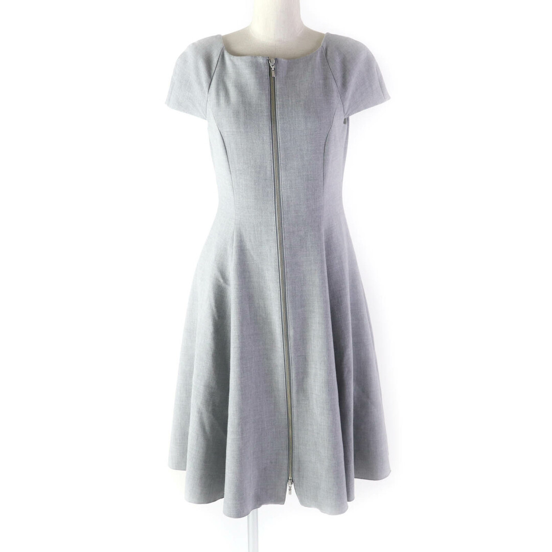 美品★FOXEY NEW YORK COLLECTION フォクシー ニューヨーク コレクション 39236 フロントダブルZIP フレアドレス ワンピース グレー 38 日本製 正規品 レディース