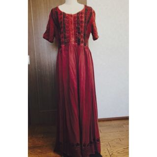 グリモワール(Grimoire)のvintage♡インド綿刺繍ワンピース ワインカラー(ロングワンピース/マキシワンピース)