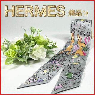 HERMES - 【美品】エルメス ツイリー うさぎ ロゴ アート 花柄 HERMES - 【美品】エルメス ツイリー うさぎ ロゴ アート 花柄