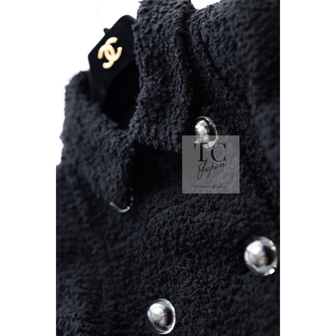 美品 CHANEL 大きいサイズ 黒 ウール ツイード チェスターコート 美品 CHANEL 大きいサイズ 黒 ウール ツイード チェスターコート