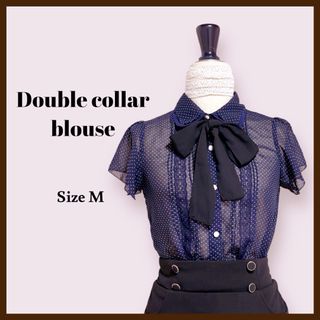 ダブルカラードット柄ブラウス　M　Navy　　カジュアル　ガーリー　オフィス(シャツ/ブラウス(半袖/袖なし))