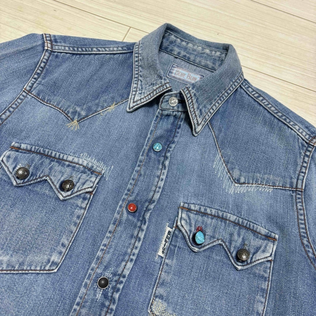美品】BLUE BLUE デニムシャツ 華々しく 4点 Lサイズ 稲葉浩志氏着用 美品】BLUE BLUE デニムシャツ 華々しく 4点 Lサイズ 稲葉浩志氏着用