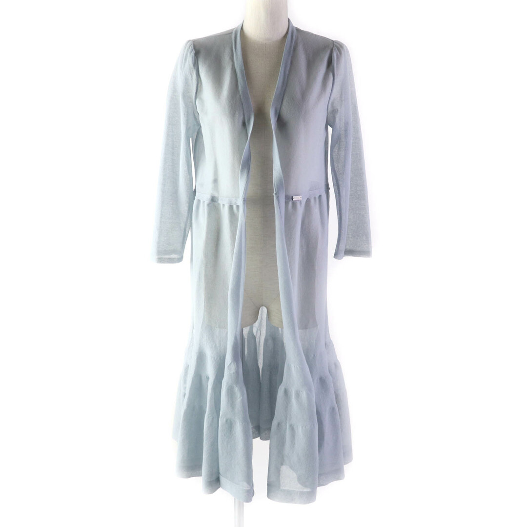 FOXEY - 未使用品★FOXEY フォクシー 22年製 42713 Mirage ミラージュ ロゴプレート付 フロントオープン 七分袖 ロングフレア カーディガン ライトブルー 40 保存袋付き 日本製 正規品 レディース 定価89,100円