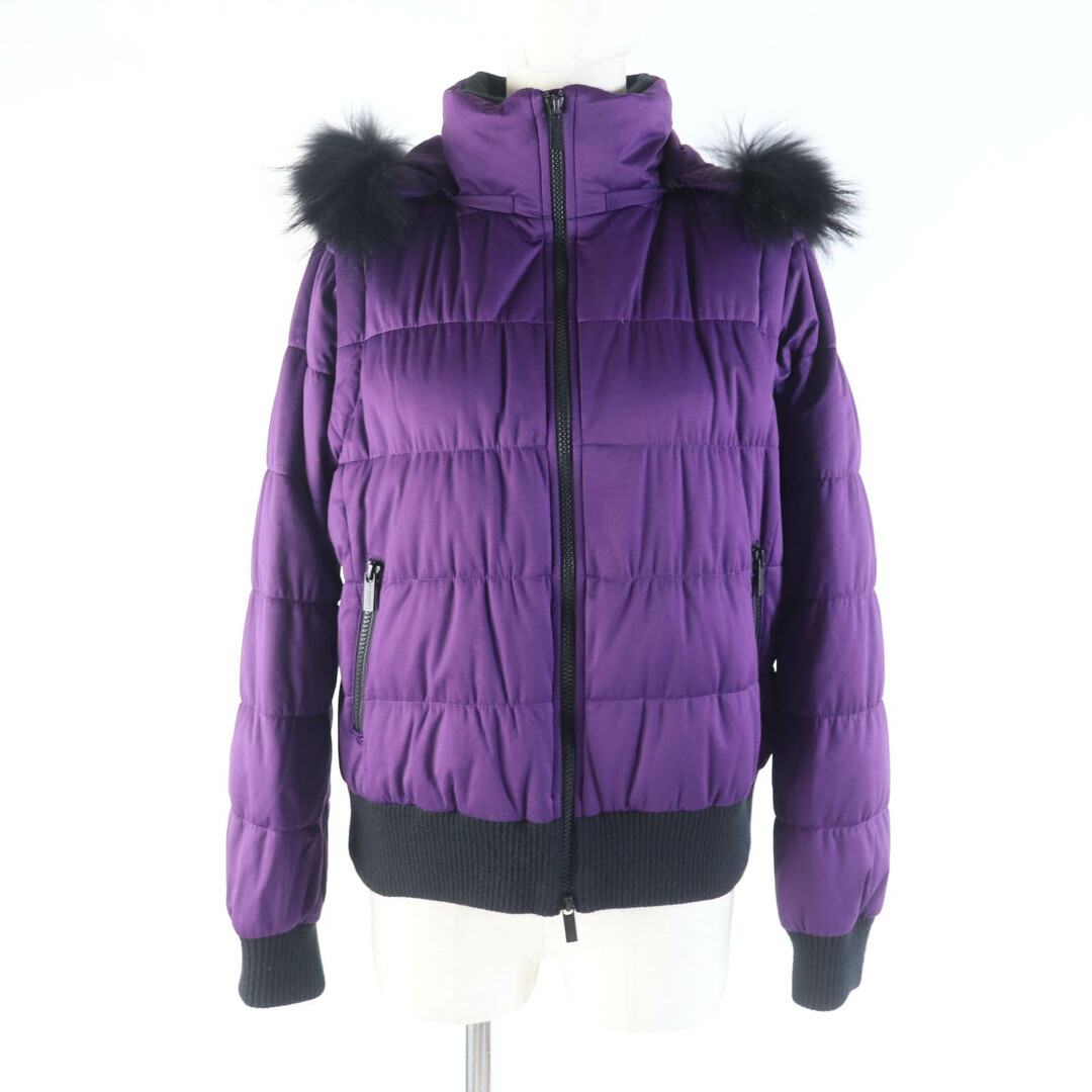 美品★BURBERRY GOLF バーバリーゴルフ E6F64-240-37 ラクーンファー・ラバーロゴワッペン付 ZIP UP 2way ダウンジャケット パープル 2 正規品 レディース