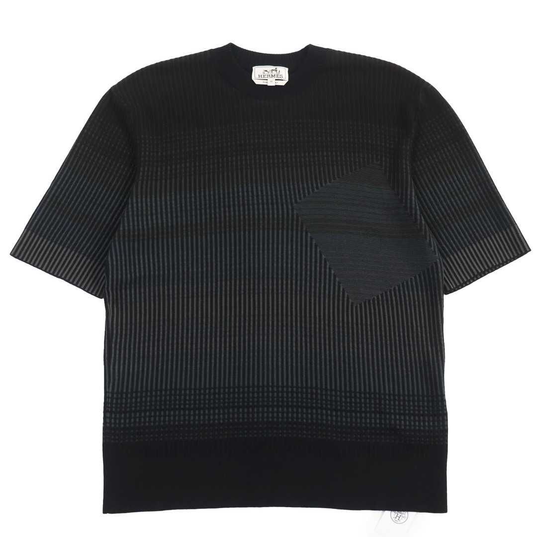 HERMES - 未使用品●HERMES エルメス 2023年製 クルーネック ストライプ柄 半袖Tシャツ・半袖ニット ブラック グレー XS イタリア製 正規品 メンズ
