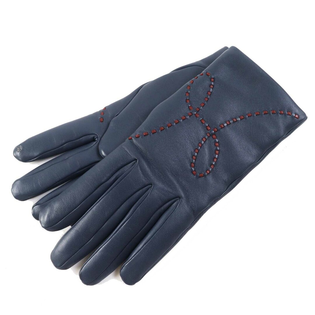 HERMES - 極美品◎HERMES エルメス リスボン ラムレザー 裏カシミヤ100％ Hステッチ グローブ／手袋 ネイビー ボルドー 7 箱付き フランス製 レディース