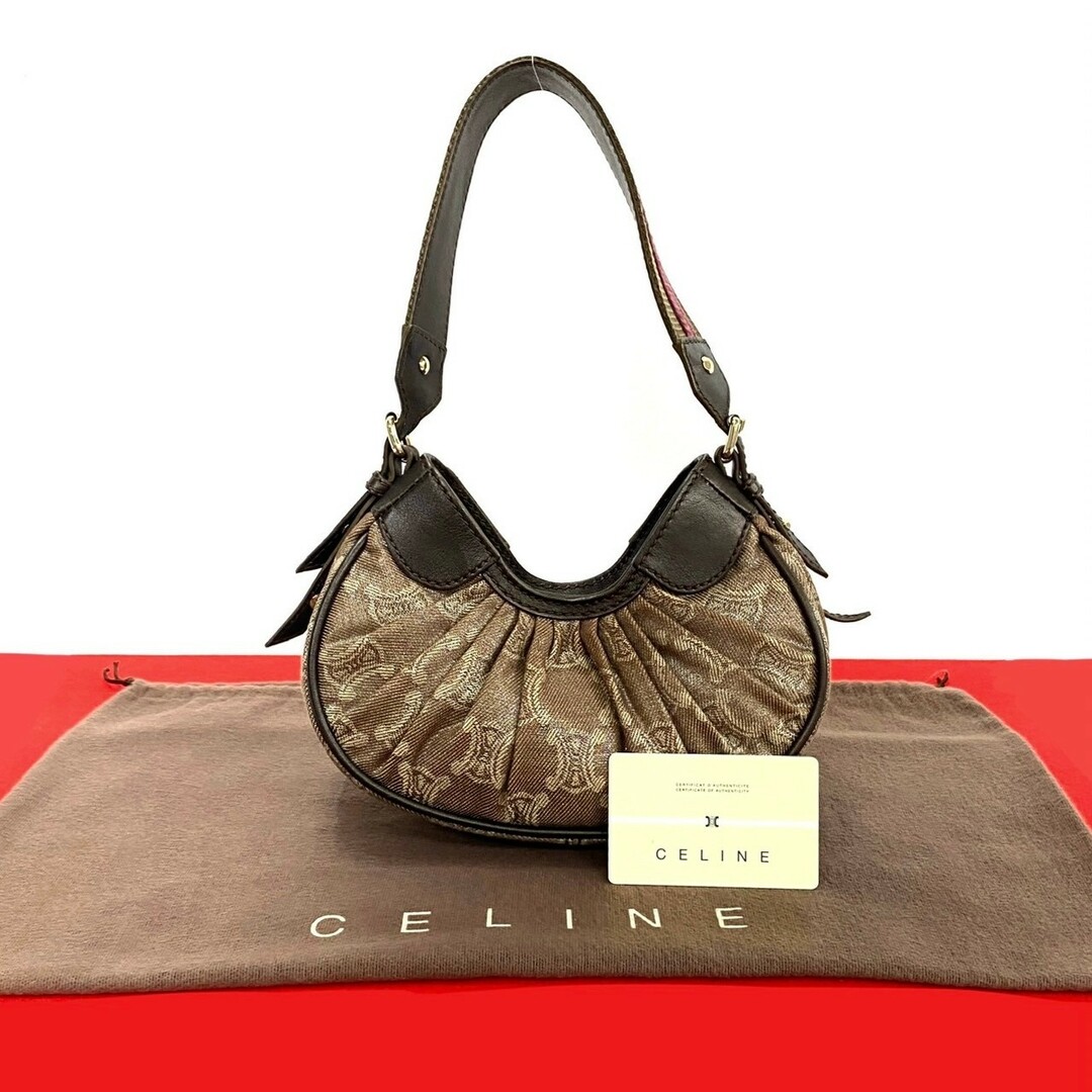 CELINE - ほぼ未使用 希少品 CELINE セリーヌ トリオンフ ロゴ 柄 レザー 本革 キャンバス ハンドバッグ ミニ トートバッグ ブラウン 茶 104-3