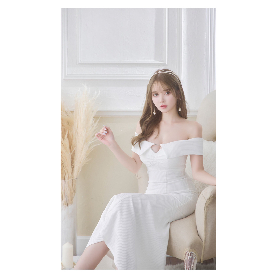 DE3318*リブニットオフショルダーセミロングドレスwhS DE3318*リブニットオフショルダーセミロングドレスwhS