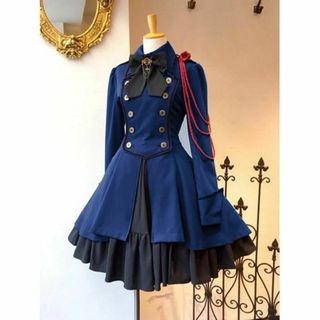軍服ワンピース　ブルー  ロリータ コスプレ レディース ハロウィン 衣装(ひざ丈ワンピース)