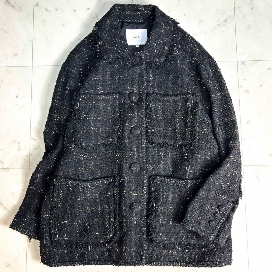 美品*コエル COEL ツィードジャケット【定価4.2万】黒 ブラック 38 美品*コエル COEL ツィードジャケット【定価4.2万】黒 ブラック 38