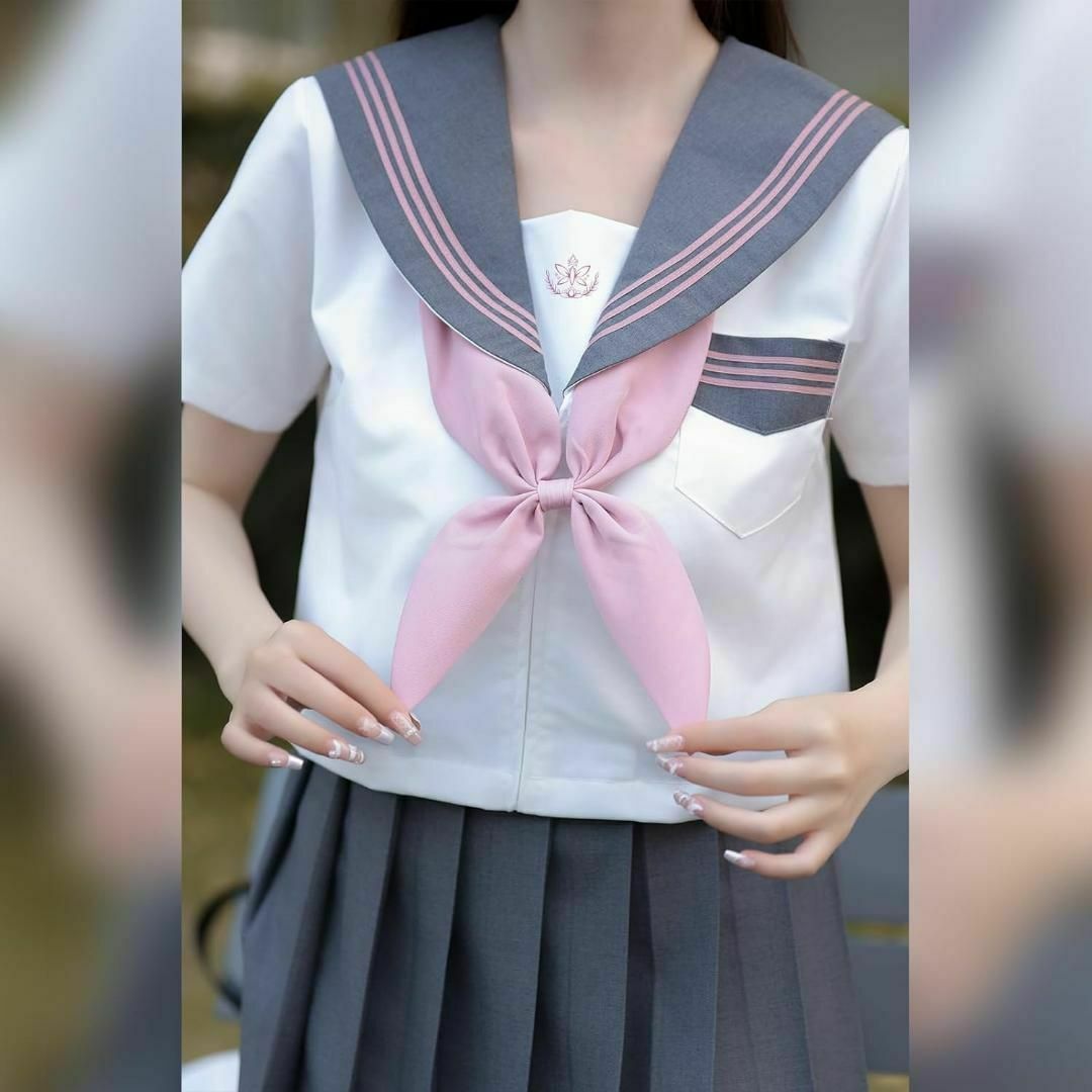 制服 セーラー服　M 半袖　プリーツスカート　ピンク×グレー　JK コスプレ エンタメ/ホビーのコスプレ(衣装一式)の商品写真