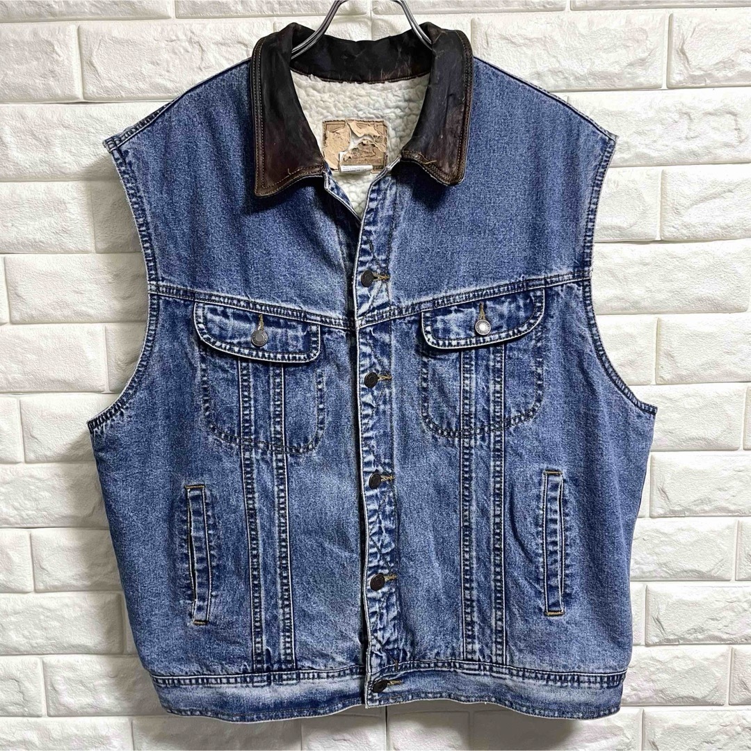 GAP - 90s GAP オールドギャップ ボアデニムベスト 襟レザー GAP - 90s GAP オールドギャップ ボアデニムベスト 襟レザー