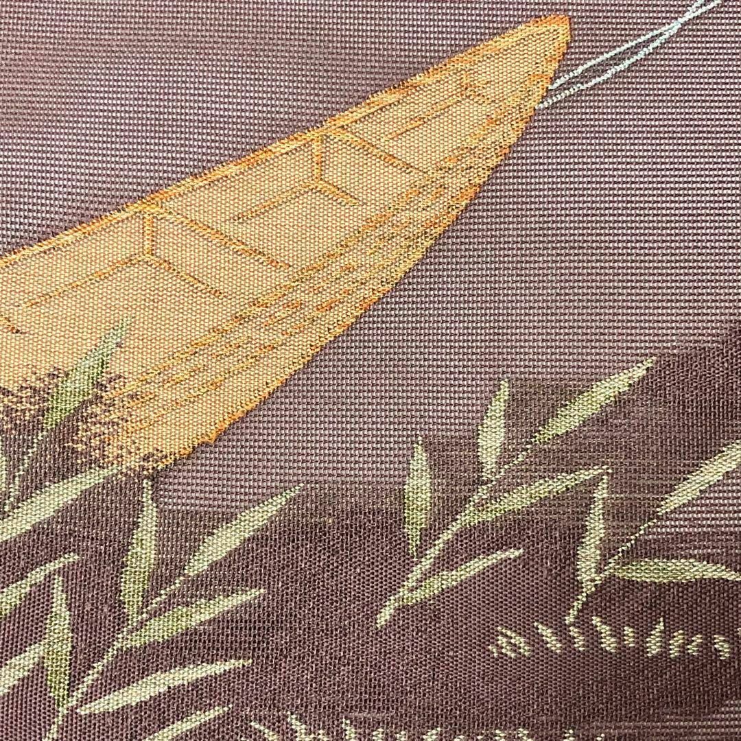 MO-3055 夏帯 名古屋帯 紗 船を引く船頭 金糸 しつけ糸 古代紫色 MO-3055 夏帯 名古屋帯 紗 船を引く船頭 金糸 しつけ糸 古代紫色