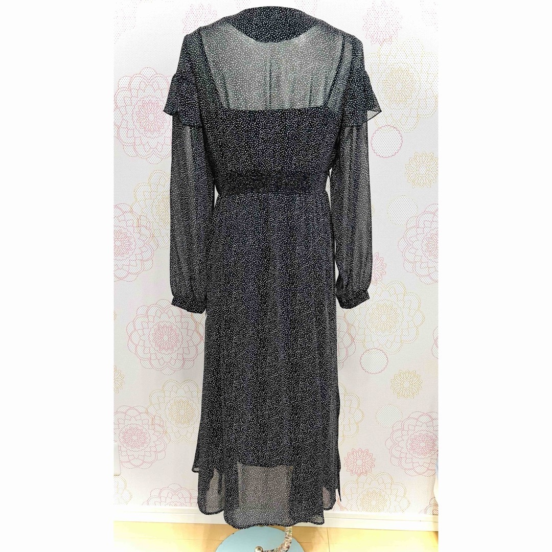 お安く セルフォード 新品 黒 ドット柄 フリル袖 Vネック ロング