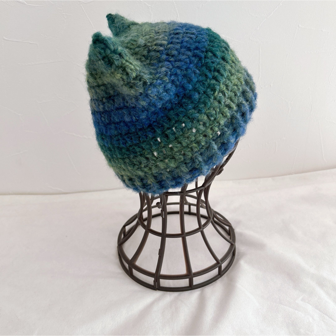 D55【ハンドメイド・完成品】猫耳ニット帽 ビーニー 帽子 青 緑 D55【ハンドメイド・完成品】猫耳ニット帽 ビーニー 帽子 青 緑