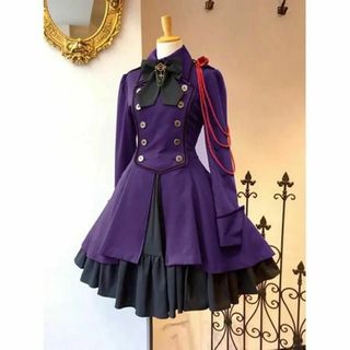 軍服ワンピース　パープル  L(ひざ丈ワンピース)