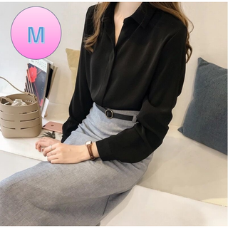 シャツ M 黒 襟付き ブラウス Vネック 長袖  無地 シャツ 上品 韓国(Tシャツ(長袖/七分))