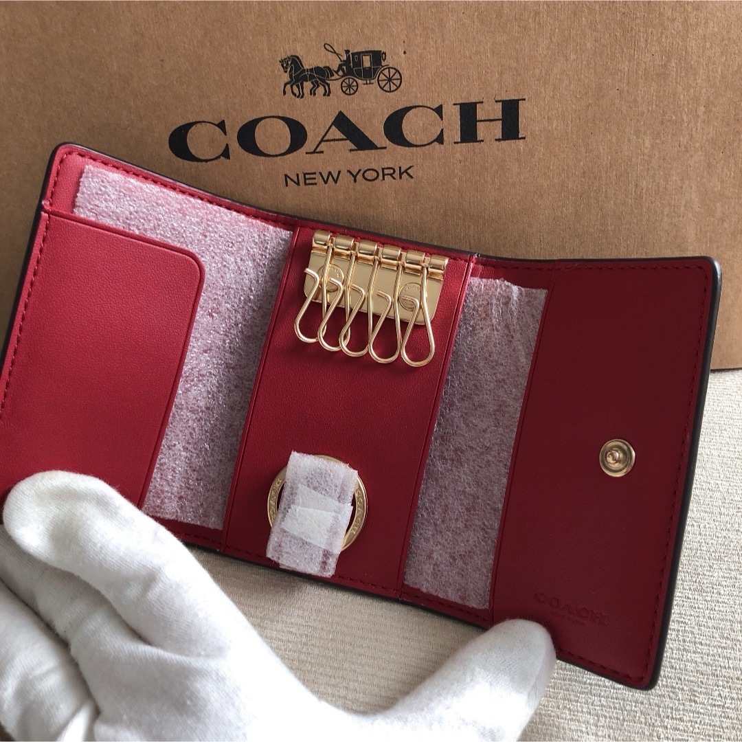 新品 COACH コーチ レザー ブラウンレッド 5連 キーケース キー 新品 COACH コーチ レザー ブラウンレッド 5連 キーケース キー