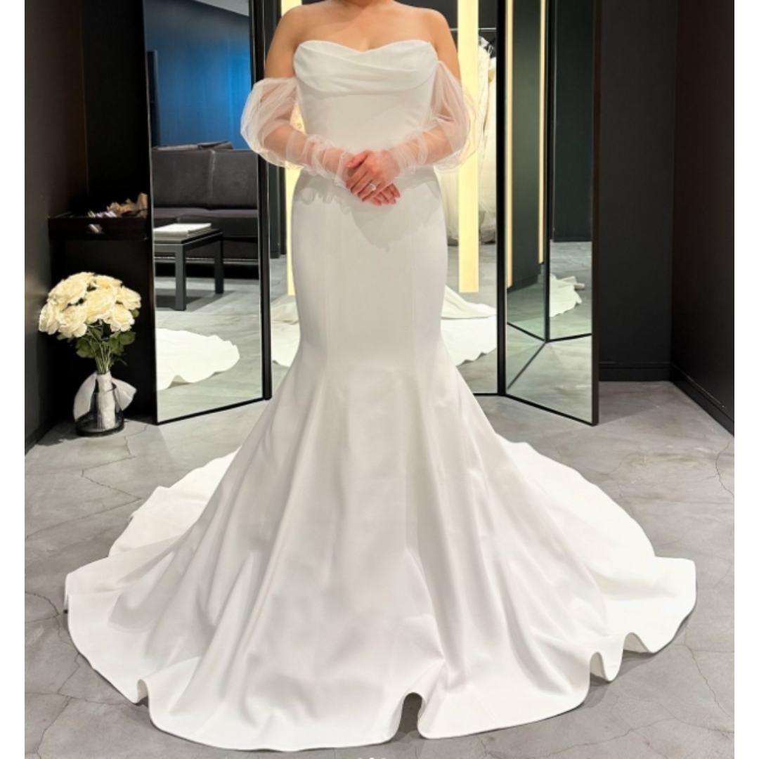人気上昇！ウェディングドレス ベアトップ シースルー袖 マーメイドライン 結婚式