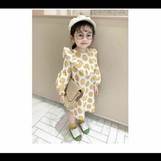 ★0159 長袖ドット柄ワンピース イエロー 子供服 韓国 かわいい