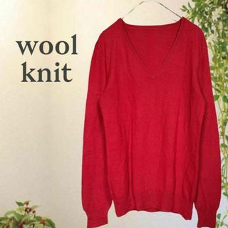 ウール Ｖネックニットカットソー レッド レイヤード トップス レディース(ニット/セーター)