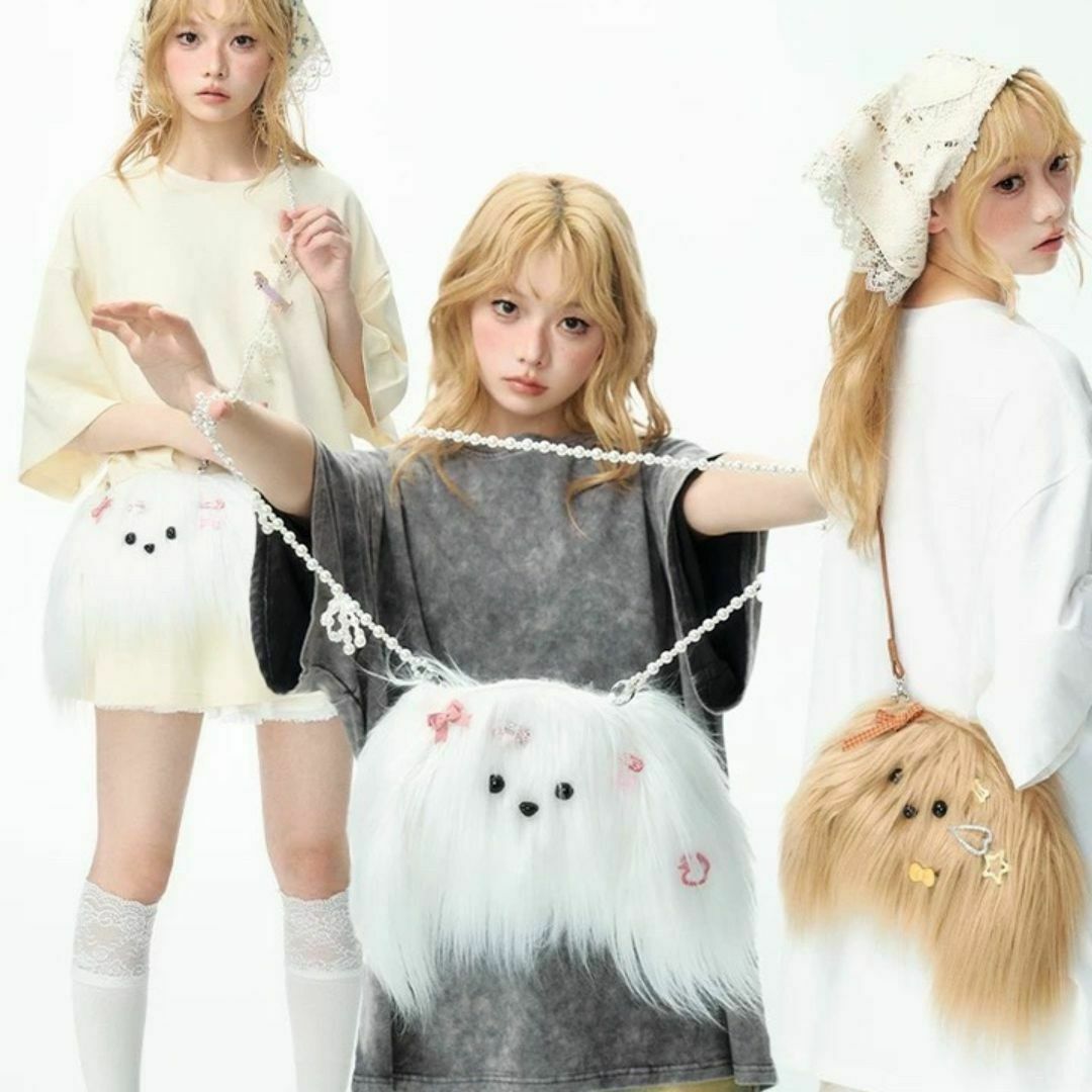 sister jane - 杨二大梦 犬モチーフ ふわふわ ミニ ショルダーバッグ マルチーズ ホワイト