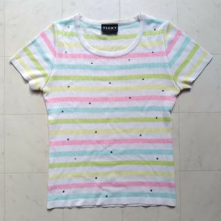 ビッキー(VICKY)の美品【VICKY】マルチ ボーダー ニット 半袖 トップス ビジュー パステル(ニット/セーター)