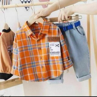 ★0141 チェックシャツデニムセット オレンジ 子供服 韓国 かわいい(その他)